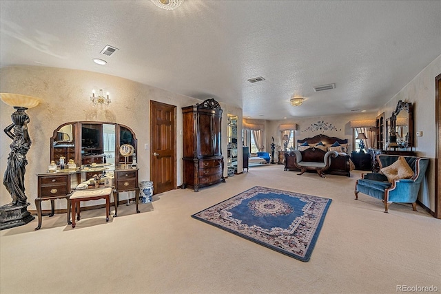 living room featuring light carpet and a textured ceiling