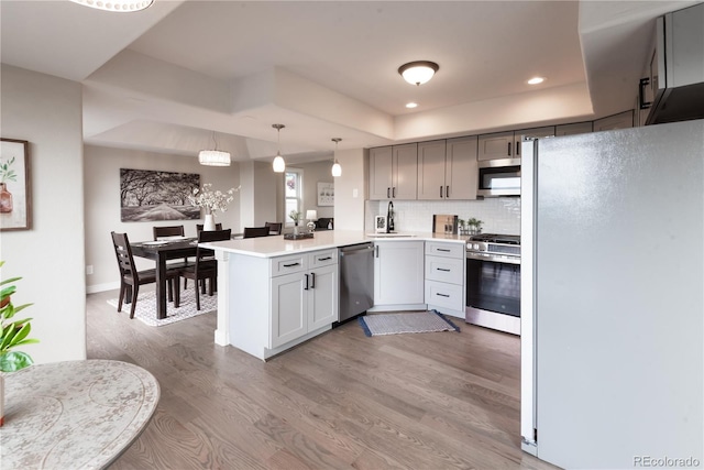 1772 Eisenhower, Louisville, CO 80027 - kitchen with appliances with stainless steel finishes, a peninsula, a raised ceiling, light wood-style flooring, and a sink