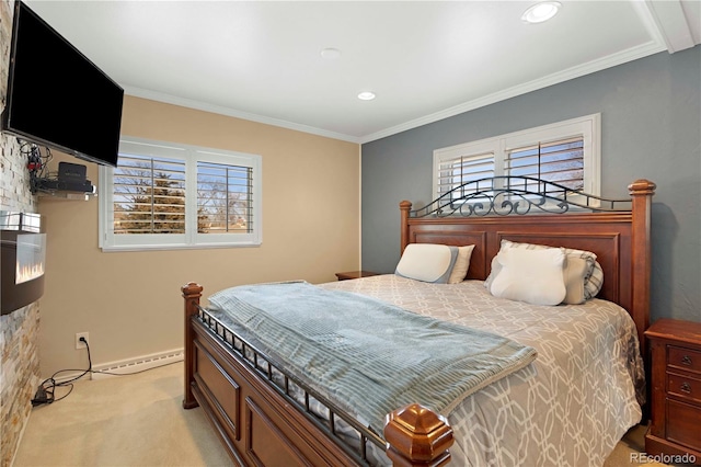 bedroom with baseboards, recessed lighting, ornamental molding, a baseboard heating unit, and light colored carpet