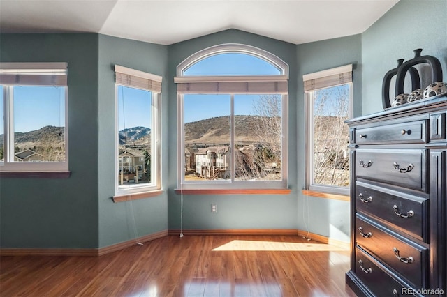 interior space with vaulted ceiling, wood finished floors, a mountain view, and baseboards