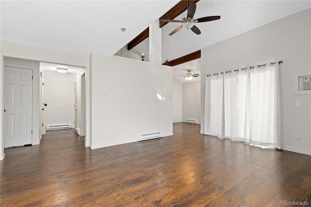 unfurnished living room with a ceiling fan, wood finished floors, and baseboard heating