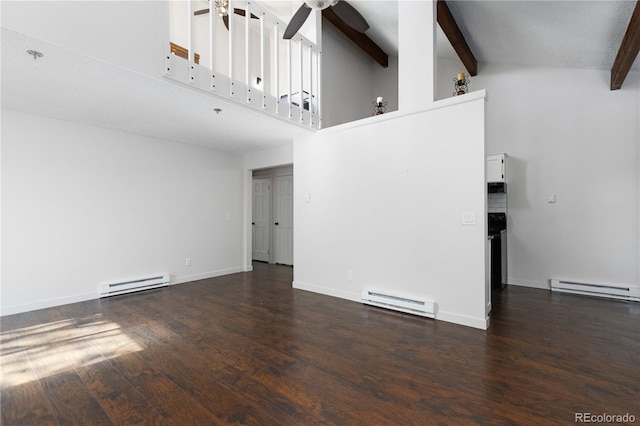 4062 S Atchison Way Unit 302, Aurora, CO 80014 - unfurnished living room with a baseboard heating unit, a ceiling fan, beamed ceiling, high vaulted ceiling, and wood finished floors