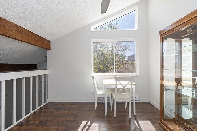 4062 S Atchison Way Unit 302, Aurora, CO 80014 - dining area featuring a textured ceiling, lofted ceiling, wood finished floors, and a ceiling fan