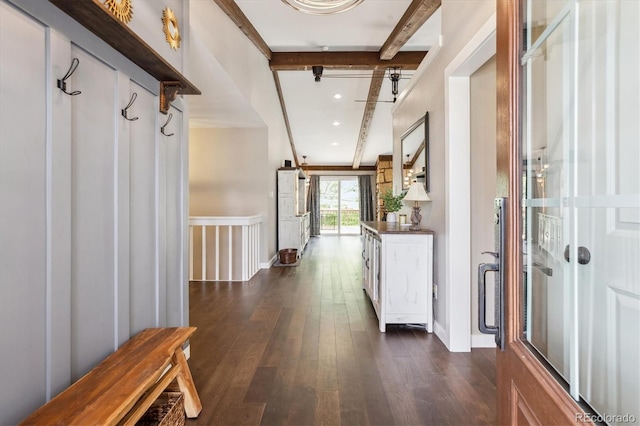 entrance foyer featuring dark wood-style floors, baseboards, beamed ceiling, and recessed lighting