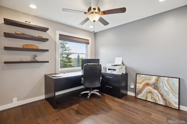 office with a ceiling fan, baseboards, dark wood finished floors, and recessed lighting