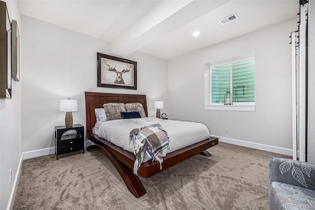 bedroom featuring carpet, visible vents, beamed ceiling, and baseboards