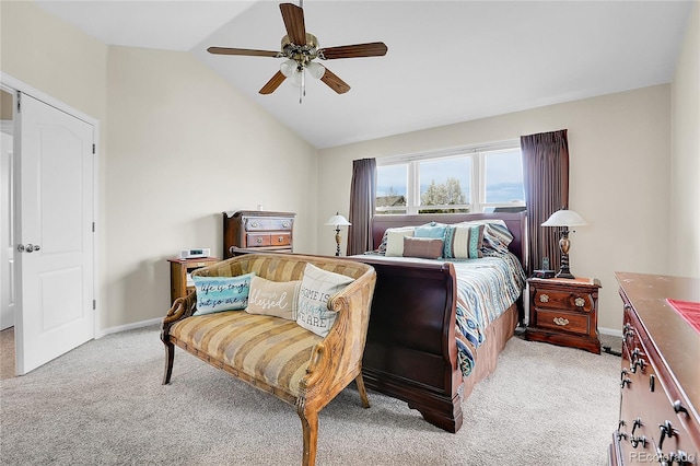 19939 E Belleview Ln, Centennial, CO 80015 - bedroom with vaulted ceiling, baseboards, light colored carpet, and a ceiling fan