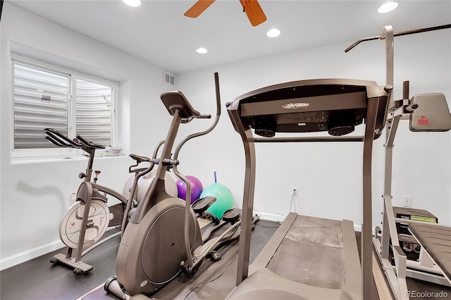 19939 E Belleview Ln, Centennial, CO 80015 - exercise room featuring baseboards, a ceiling fan, visible vents, and recessed lighting
