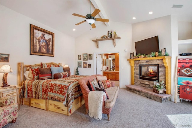725 Sun Valley Dr, Woodland Park, CO 80863 - bedroom featuring carpet floors, a stone fireplace, recessed lighting, connected bathroom, and ceiling fan