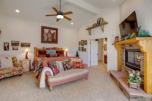 725 Sun Valley Dr, Woodland Park, CO 80863 - bedroom with carpet flooring, a fireplace, beamed ceiling, recessed lighting, and a ceiling fan