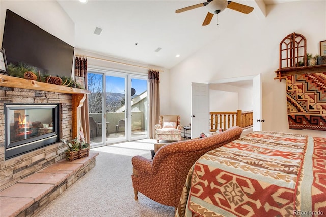 725 Sun Valley Dr, Woodland Park, CO 80863 - carpeted bedroom with access to outside, a fireplace, high vaulted ceiling, and recessed lighting