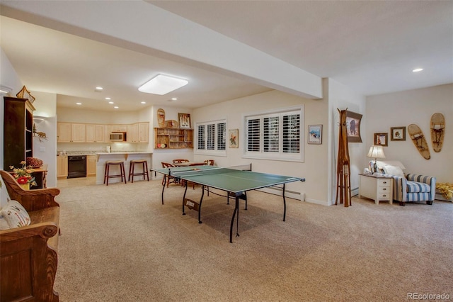 725 Sun Valley Dr, Woodland Park, CO 80863 - rec room featuring light carpet, baseboard heating, and recessed lighting