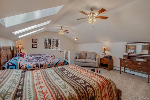 725 Sun Valley Dr, Woodland Park, CO 80863 - carpeted bedroom with a skylight, vaulted ceiling, a baseboard heating unit, and a ceiling fan