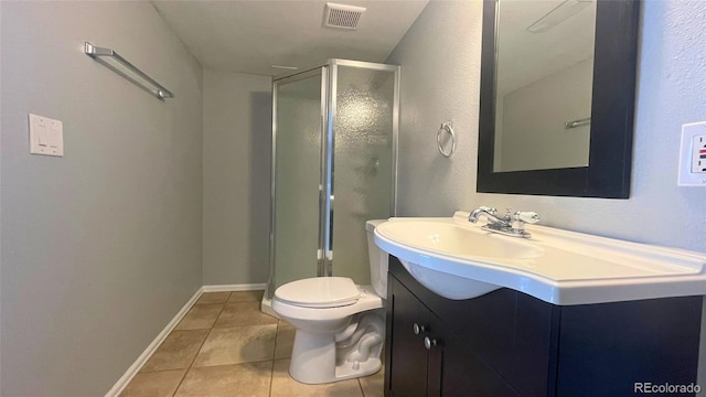bathroom featuring visible vents, tile patterned flooring, a shower stall, vanity, and toilet