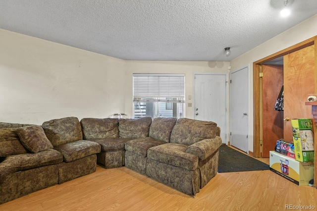 living area featuring a textured ceiling and wood finished floors