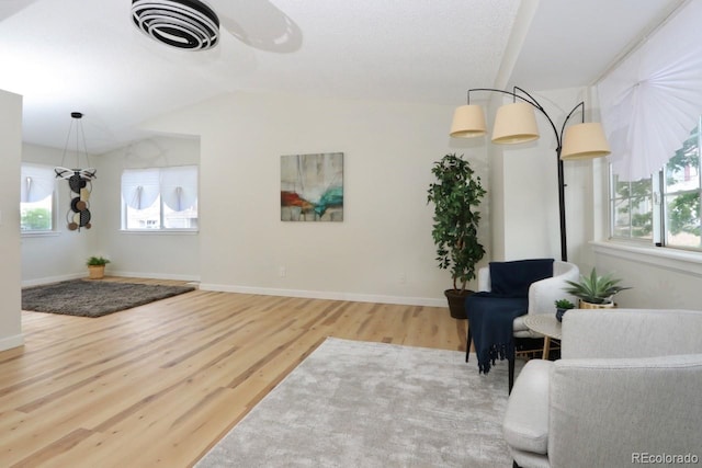 4302 Nepal St, Denver, CO 80249 - living area with wood finished floors, vaulted ceiling, and baseboards