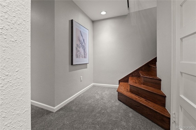 4425 Irving St, Denver, CO 80211 - staircase featuring carpet flooring, a textured wall, and baseboards