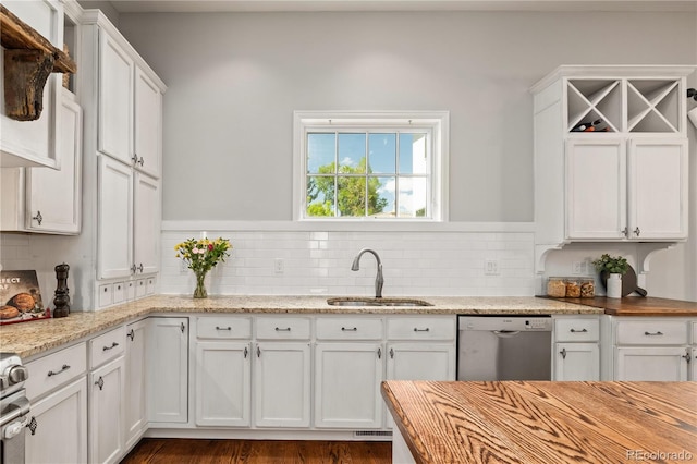 4425 Irving St, Denver, CO 80211 - kitchen with a sink, dishwasher, white cabinets, and backsplash