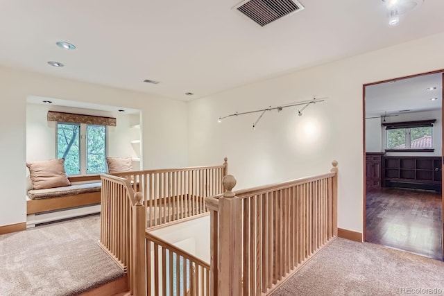 hall featuring carpet floors and baseboard heating