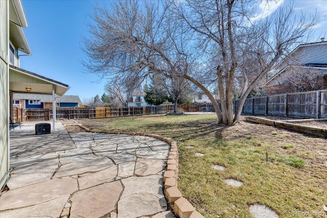 view of yard featuring a fenced backyard and a patio area