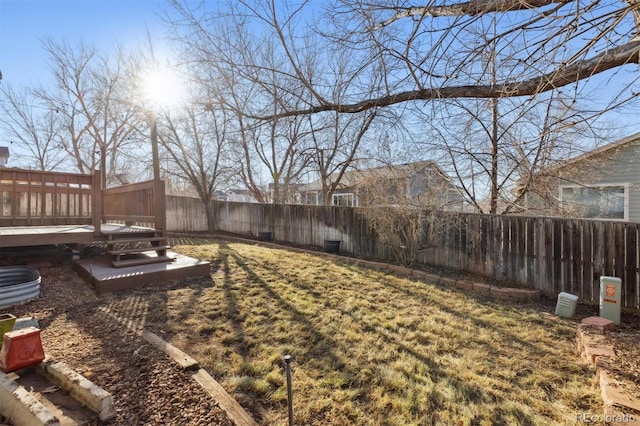 view of yard featuring a fenced backyard and a deck