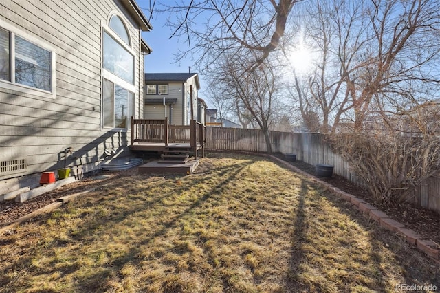 view of yard featuring a fenced backyard and a wooden deck