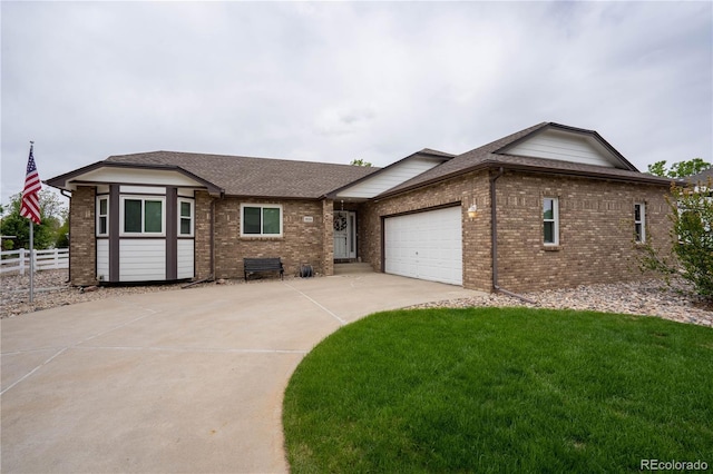 ranch-style home with brick siding, an attached garage, concrete driveway, and a shingled roof