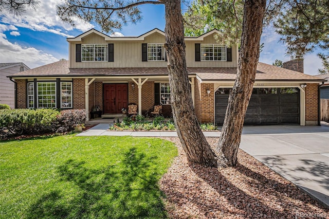 7655 S Ogden Way, Centennial, CO 80122 - traditional-style home with driveway, a front yard, a shingled roof, and brick siding