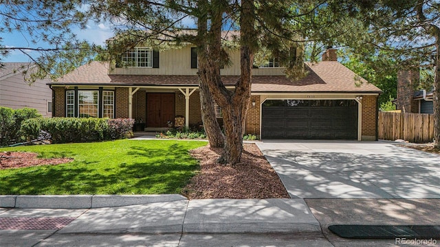 7655 S Ogden Way, Centennial, CO 80122 - traditional home featuring concrete driveway, a chimney, brick siding, a garage, and roof with shingles
