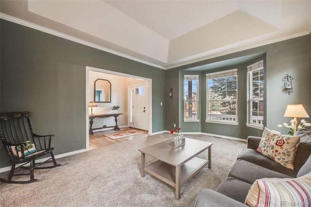 carpeted living room with crown molding and a tray ceiling