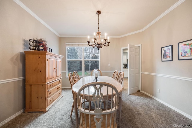 carpeted dining room featuring crown molding and a chandelier