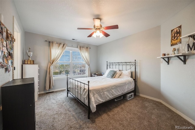 bedroom with dark carpet, a textured ceiling, and ceiling fan