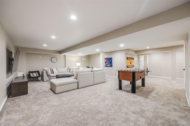 playroom featuring light colored carpet