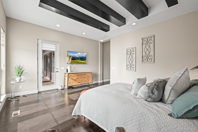 bedroom with visible vents, baseboards, dark wood-type flooring, beamed ceiling, and recessed lighting