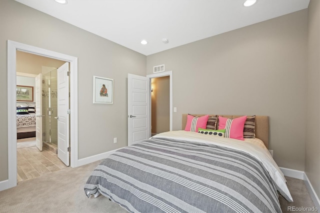 bedroom featuring baseboards, recessed lighting, visible vents, and light colored carpet