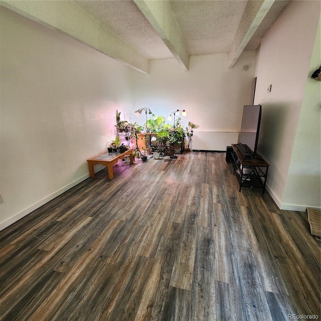 384 S Ironton St Unit 102, Aurora, CO 80012 - living room featuring a textured ceiling, wood finished floors, and beamed ceiling