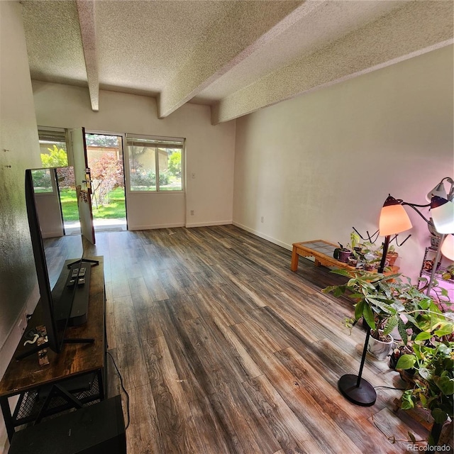 384 S Ironton St Unit 102, Aurora, CO 80012 - living room featuring a textured ceiling, wood finished floors, and beamed ceiling