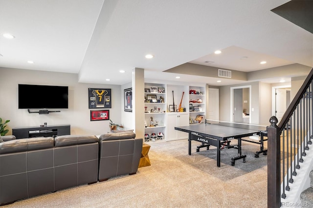 14807 Haley Ave, Parker, CO 80134 - playroom with recessed lighting, visible vents, light colored carpet, and built in shelves
