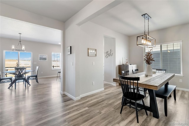 dining room with baseboards, a notable chandelier, and wood finished floors