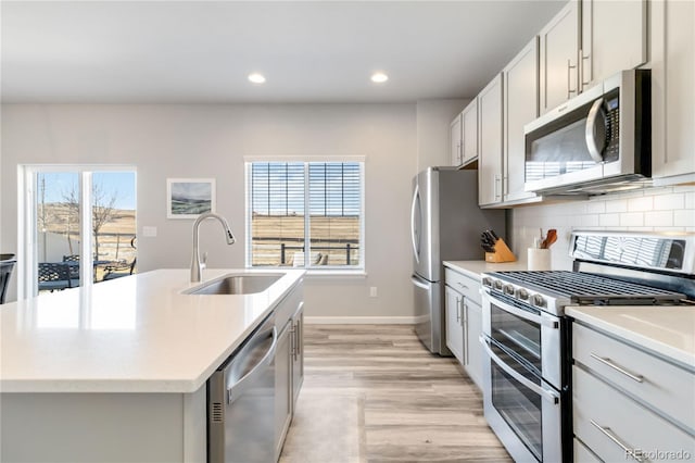 kitchen with a center island with sink, a sink, appliances with stainless steel finishes, light countertops, and decorative backsplash