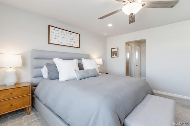 bedroom featuring recessed lighting, a ceiling fan, baseboards, and carpet floors