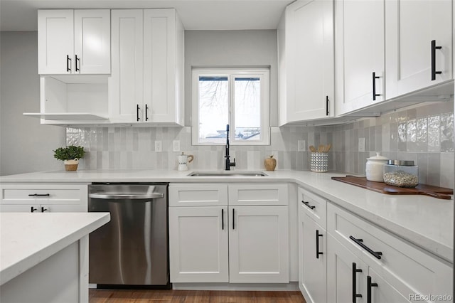 kitchen featuring a sink, stainless steel dishwasher, open shelves, and white cabinetry