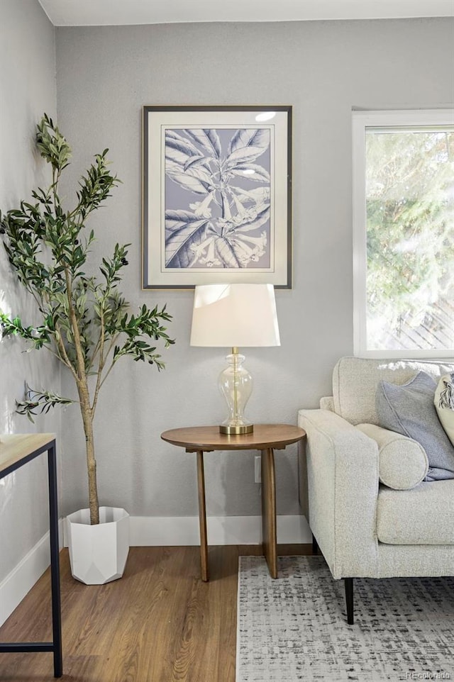 living area with baseboards and wood finished floors