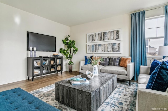 living room with wood finished floors and baseboards