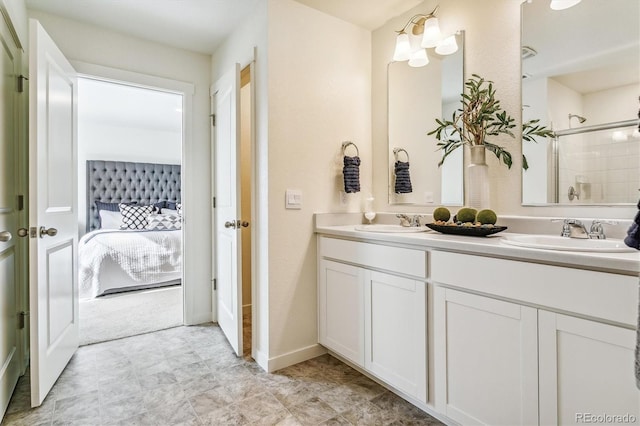 full bathroom featuring an enclosed shower, a sink, ensuite bath, and double vanity