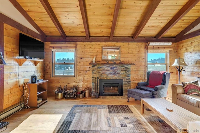 living room featuring wooden ceiling, vaulted ceiling with beams, a stone fireplace, wood walls, and wood-type flooring