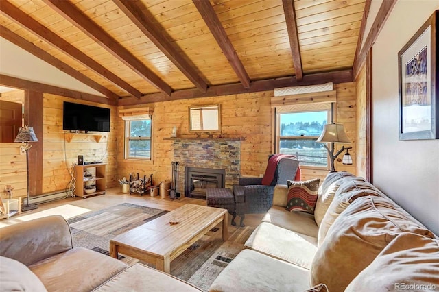 living room featuring a baseboard heating unit, vaulted ceiling with beams, wooden ceiling, and wood walls