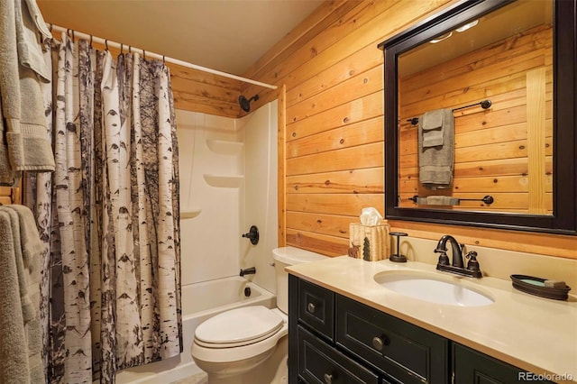 full bathroom with shower / bathtub combination with curtain, wooden walls, vanity, and toilet