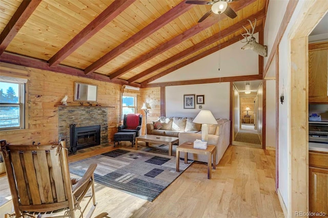 living room with light wood-type flooring, wooden walls, and wood ceiling