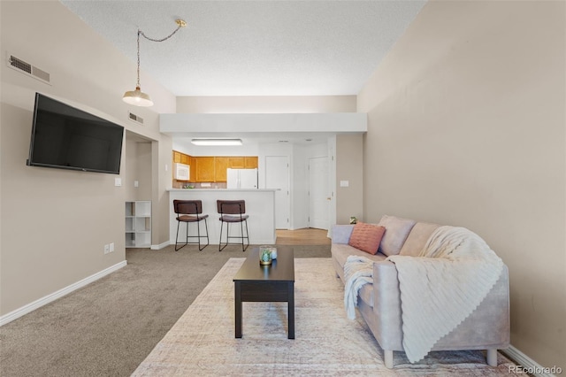 carpeted living room with a textured ceiling